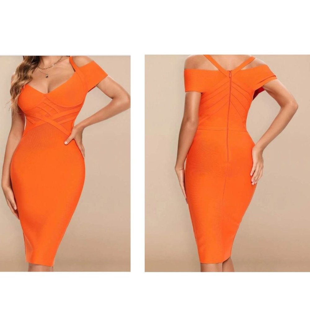 🆕Emprada Cold Shoulder Zip Back Bandage Bodycon Dress Bright Orange Large